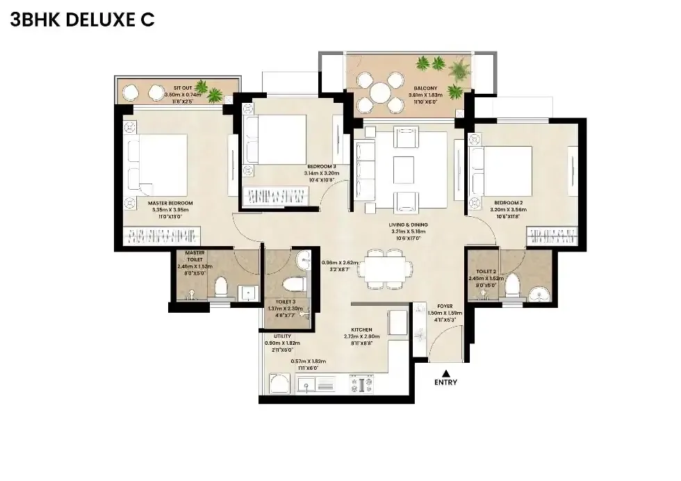 3 BHK unit plan, Mahindra Rivenza